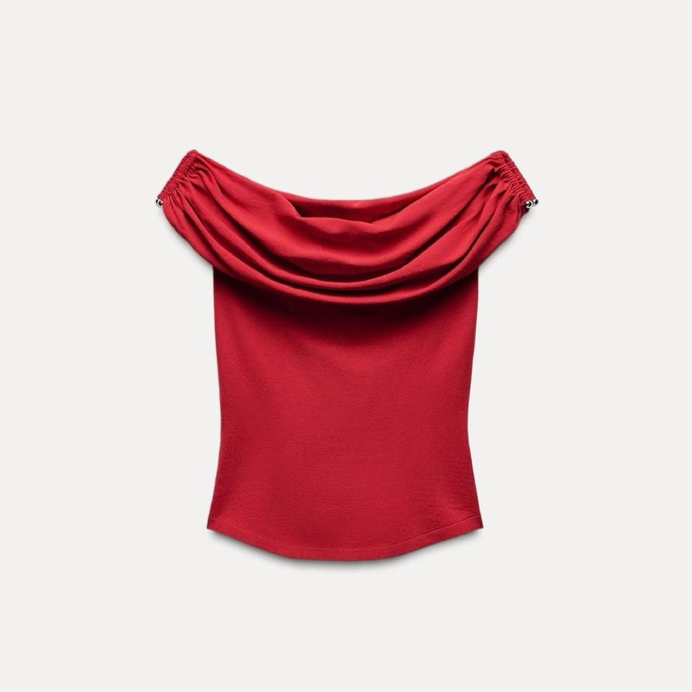 Zara Red Off The Shoulder Draped Bardot Top Metallic Detail Short Sleeve - Picture 2 of 8